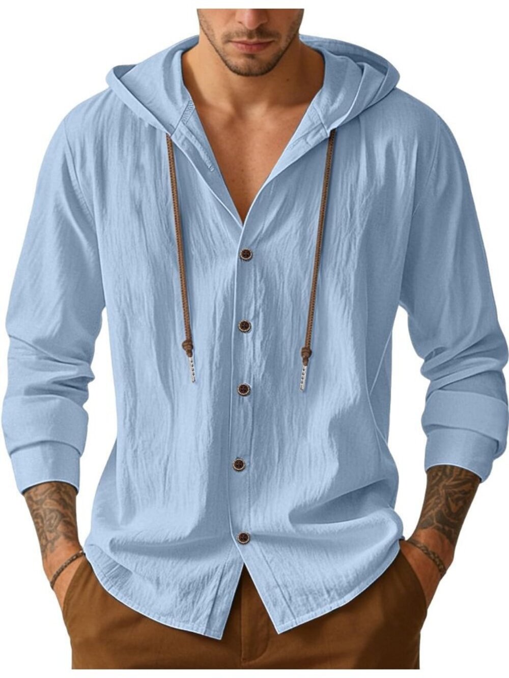 Men's Blue Cotton Linen Long Sleeve Top Casual Lightweight Button Down Hoodie